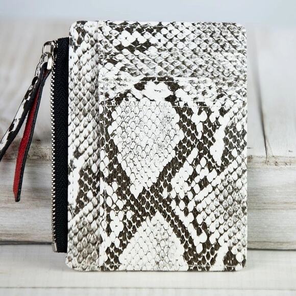 Molly Vegan Leather Snake Print Coin Zipper Tousled Pouch White Black - Picture 1 of 8
